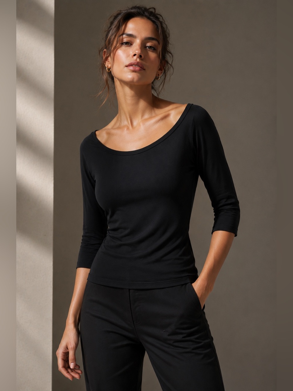 Carbon38 Black 3/4 Scoop Neck Top - Classic Everyday Tee